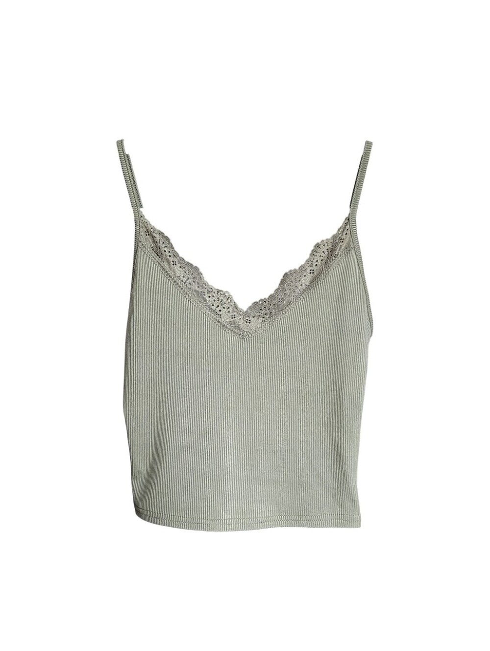 Lace-Trim Ribbed Cami Tank Top - Sage Green